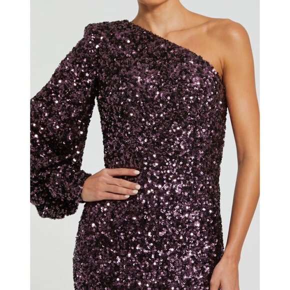 MAC DUGGAL Size 0 Purple Sequined One Shoulder Trumpet Formal Prom Gown Dress - Picture 2 of 11